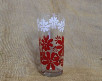 One Glass Tumbler Drinking Glass with Red and White Daisy Flowers - Everyday / Barware