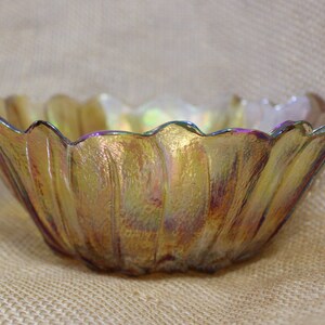Gold Iridescent Carnival Glass Bowl in a Flower Pattern image 3