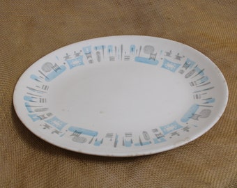 Oval Platter by Royal China  in the Blue Heaven Pattern - 13 Inch Blue and Gray Atomic Geometric Pattern Tray / Platter