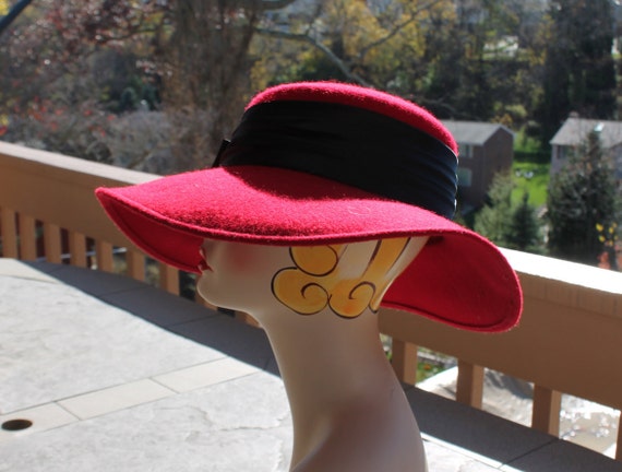 Wide Brim Red Wool Hat Trimmed with Silky Wide Bl… - image 3