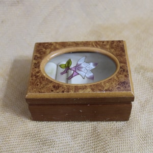 Small Wooden Jewelry Box with Oval Floral Glass Flip Open Top - Ring Box - Trinket Box