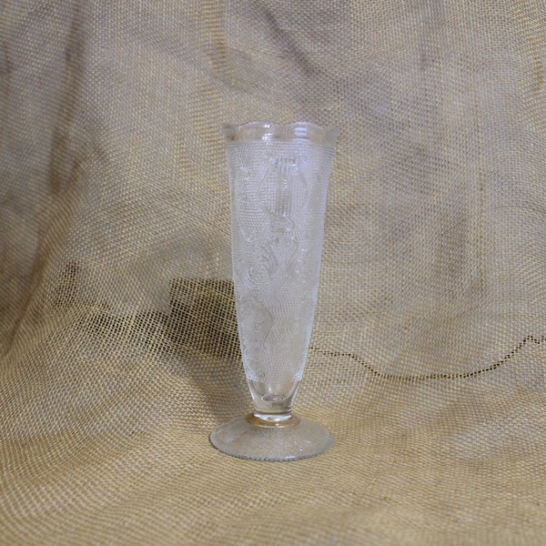 Footed Glass Bud Vase from Jeanette Glass in the Harp Pattern.  Scalloped Rim,Beaded and Etch with Harps Glass Vase