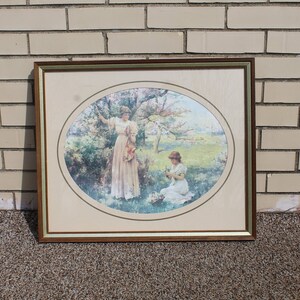 Framed Print of Young Ladies Pick Flowers - Wood Frame and Oval Matted Picture of Girls in Meadow