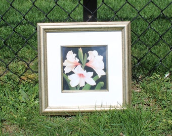 Framed Pink Lily Print - Mottled Gold Tone Framed Pink Floral Wall Decor / Hanging - Square Print with White Flowers in Mottled Gold Frame