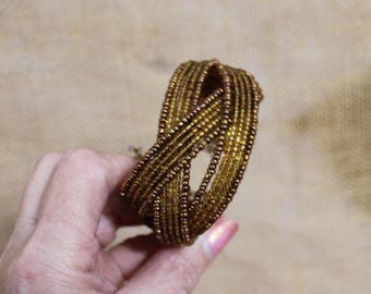 Brown Beaded Woven Cuff Bracelet