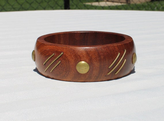 Wooden Bangle Bracelet with Brass Dots and Lines … - image 1