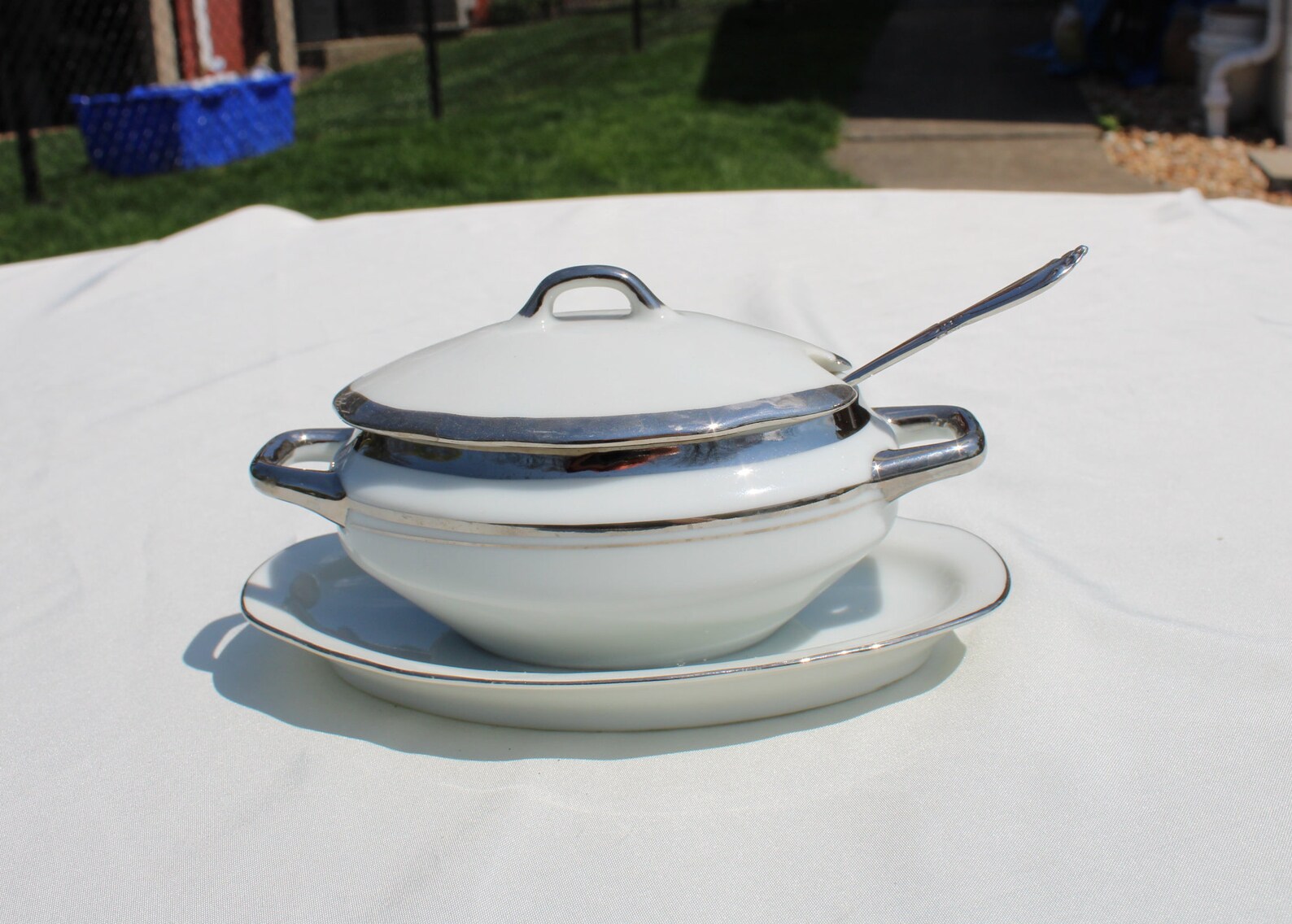 White Ceramic Covered Jam Dish With Silver Trim Underplate Etsy