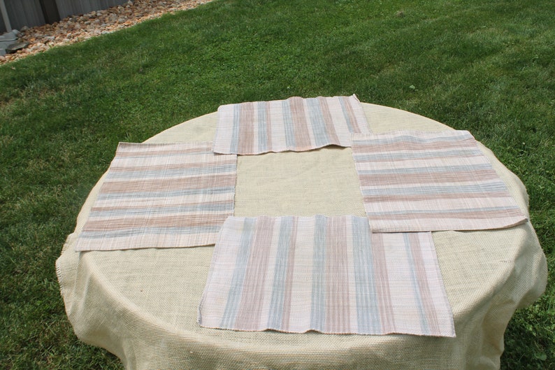 Set of Four Woven Rectangle Placemats in Tan Brown Stripe and Blue Stripes
