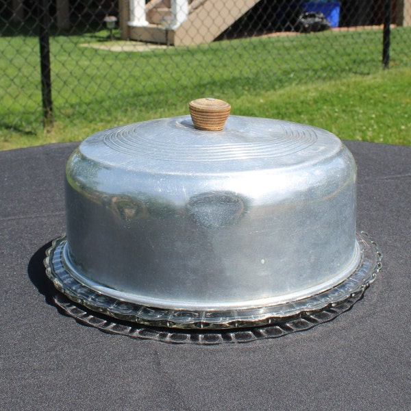 Mid Century Aluminum Covered Glass Cake Plate - Glass Footed Cake Plate with Domed Aluminum Cover & Brown Wooden Knob