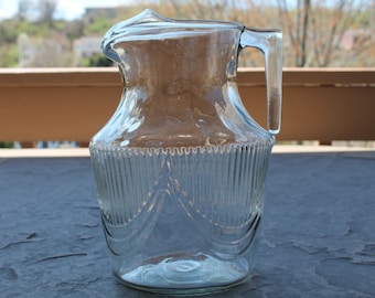 Mid Century Glass Pitcher with Embossed Swag / Bunting