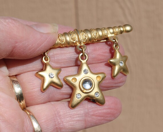 Gold Tone Bar Pin / Brooch with Drop Stars and Rh… - image 3