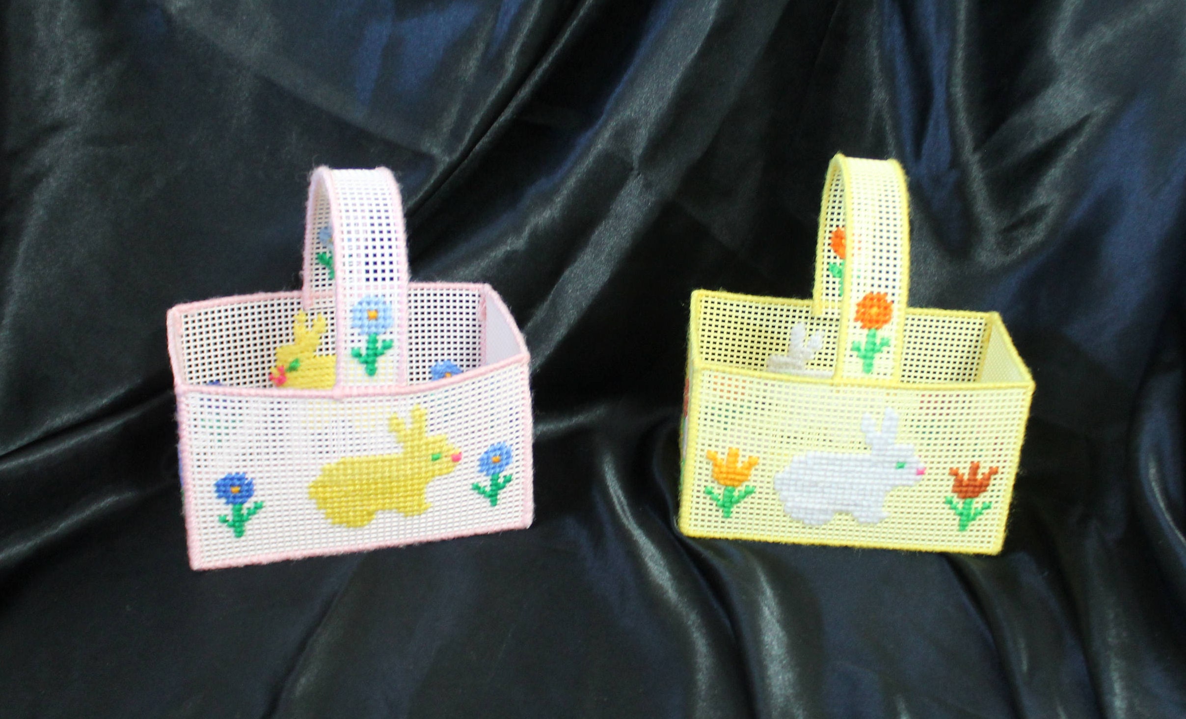 Set of Two Vintage Small Plastic Canvas Baskets with Bunny Etsy
