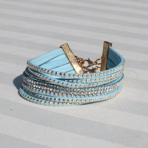 Blue Suede Leather Bracelet with Rhinestones and Gold Tone Metal Trim - Thin Multistrand Leather and Rhinestone Bracelet