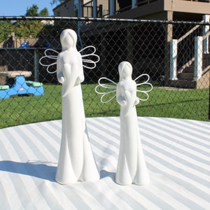 Pair of White Angel Figurines with Wire Wings and Hearts - Porcelain Angel Statutes - Home Decor