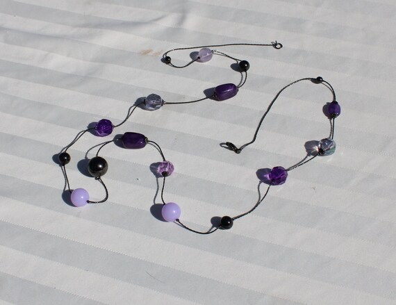 Long Varying Purple Beaded Necklace with Dark Gra… - image 6