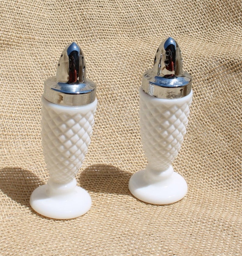 White Milk Glass Salt and Pepper Shakers in Diamond Pattern