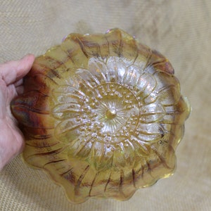 Gold Iridescent Carnival Glass Bowl in a Flower Pattern image 9