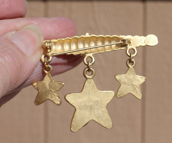 Gold Tone Bar Pin / Brooch with Drop Stars and Rh… - image 6