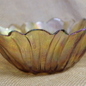 Gold Iridescent Carnival Glass Bowl in a Flower Pattern image 6
