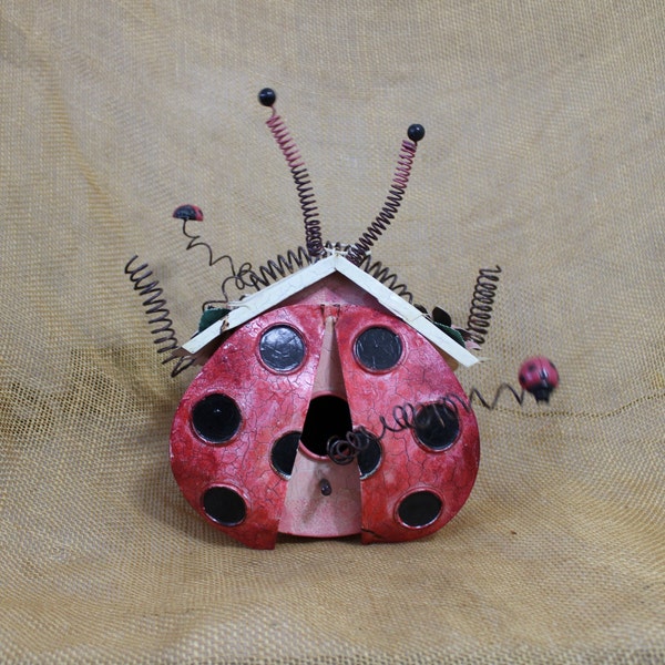 Metal Ladybug Birdhouse - Whimsical Metal Birdhouse - Yard Art Bird House