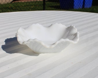 Square Diamond Pattern Milk Glass Bowl with Wavy / Ruffled Edge - Milk Glass Candy / Nut / Trinket Dish