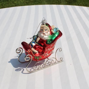 Santa in His Sleigh Christmas Holiday Ornament - Shiny Old Fashioned Happy Christmas Santa in Sleigh Ornament