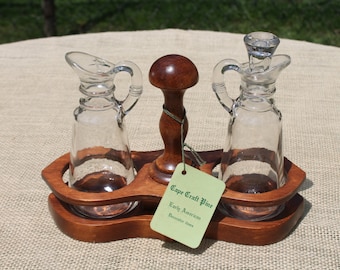 Set of Two Glass Cruets in an Early American Wooden Caddy - Pair of Classic Cruets by Anchor Hocking in Wood Holder