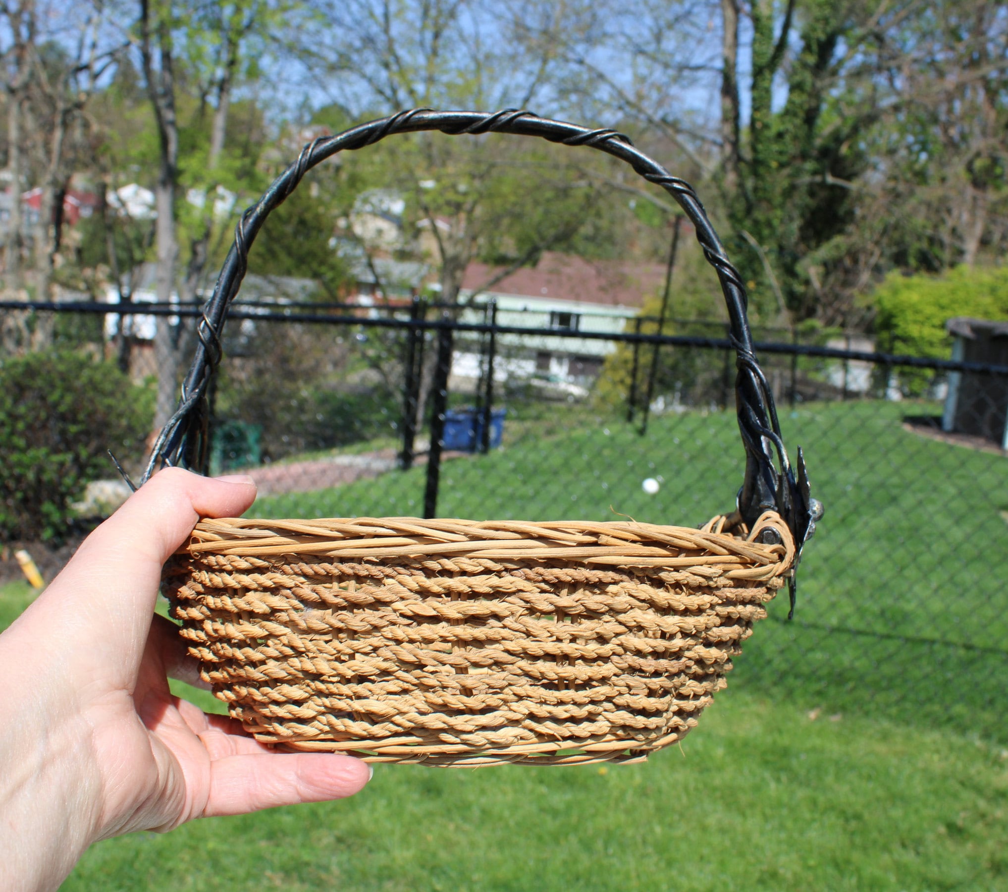 Dark Gray Wire and Wicker Basket Round Handled Shallow Wire Etsy UK