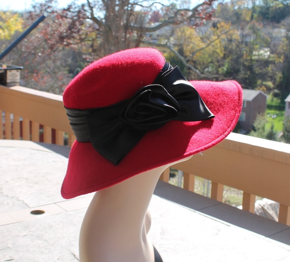 Wide Brim Red Wool Hat Trimmed With Silky Wide Black Band, Bow and