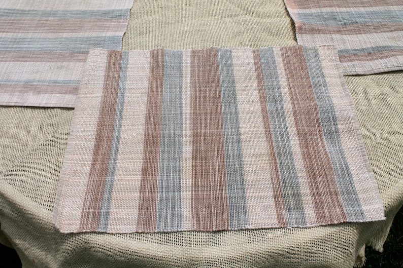 Set of Four Woven Rectangle Placemats in Tan Brown Stripe and Blue Stripes
