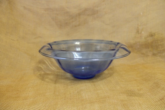 Light Blue Glass Bowl with Rolled Rim - Large Wide Rimmed Blue Glass Bowl with Optic Sides