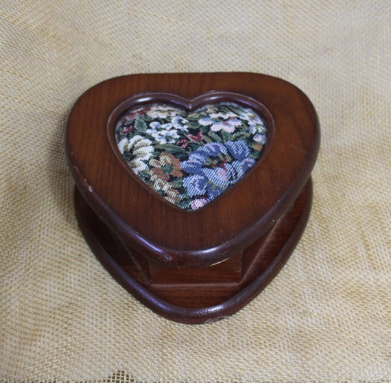 Small Heart Shaped Wooden Jewelry Box with Tapest… - image 1