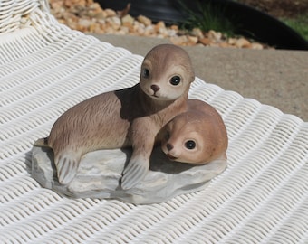 Pair of Seals Sitting Basking in the Sun on a Rock  from Home Interiors / Homco 1991 - Home Decor Figurine - Masterpiece Porcelain