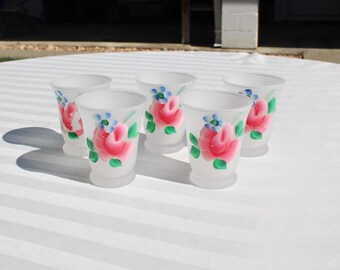 Set of Five Handed Painted Floral Juice Glasses - Holds 3 Ounces