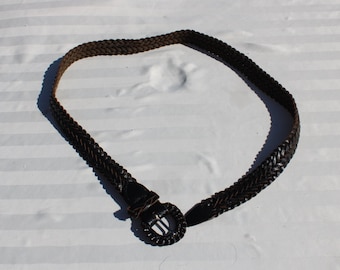 Woven / Braided Dark Brown / Black Leather Belt - Size S/M - Unisex Woven Brown Genuine Leather Belt
