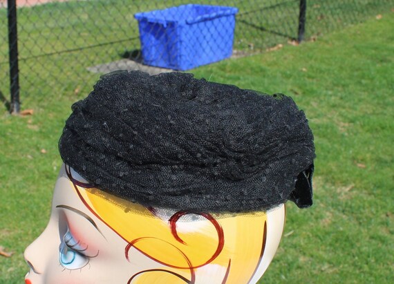 Black on Black Polka Dot Netting Pill Box Hat by … - image 3