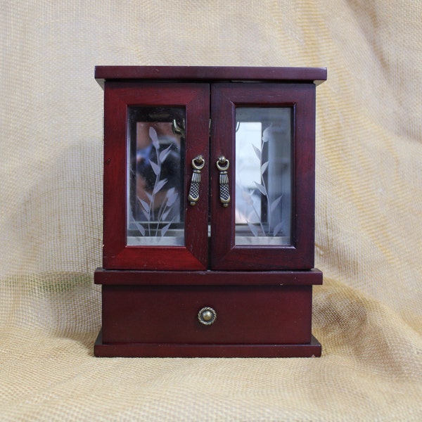 Small Wooden Jewelry Box with Double Glass Etched Doors, Drawer and Necklace Carousel - Cherry Finish Wood Jewelry Cabinet