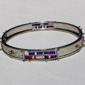 Silver Tone Metal Bangle Bracelet with Red, White and Blue Beads - Patriotic  Silver Bangle Bracelet