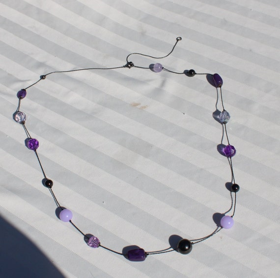 Long Varying Purple Beaded Necklace with Dark Gra… - image 3