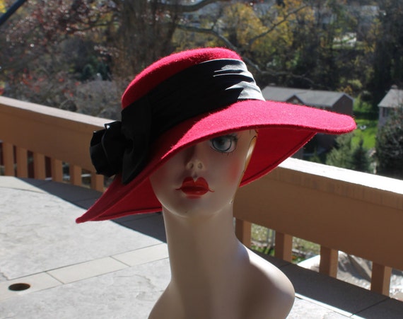Wide Brim Red Wool Hat Trimmed with Silky Wide Bl… - image 2