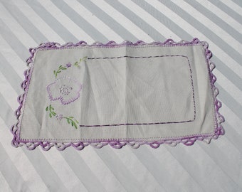 Hand Embroidered and Crocheted Rectangle Doily in Variegated Purple