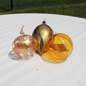 Set of Three Handcrafted Glass Bulb Christmas Holiday Tree Ornaments Distributed by Macy&#39;s - Home for the Holidays NOS Glass Ornaments