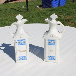 Pair of Ceramic Oil and Vinegar Cruets by Mepco, Made in Germany - Blue and White Pitcher Cruets