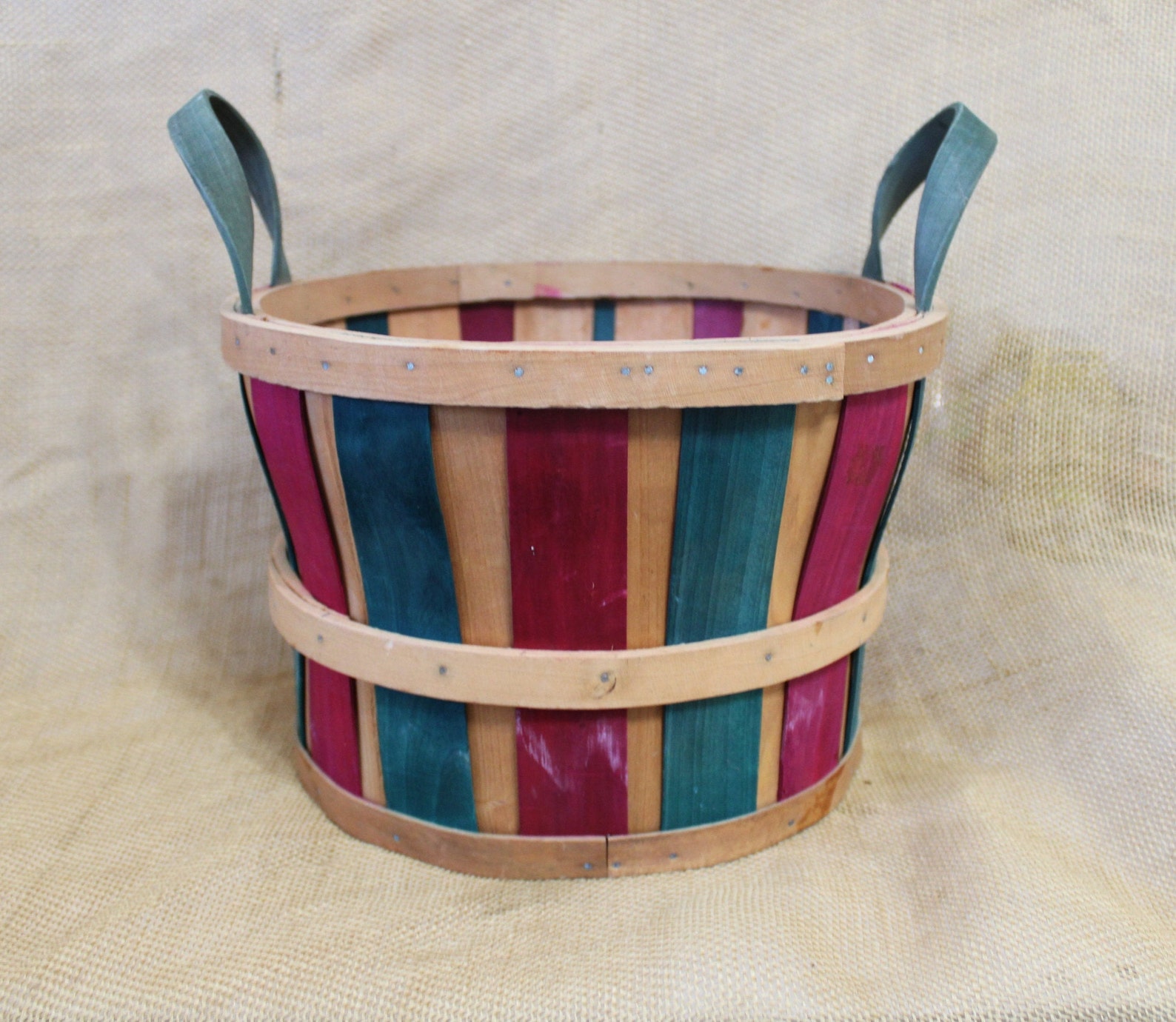 Quarter Bushel Basket With Handles Red and Green Wood Slat Etsy