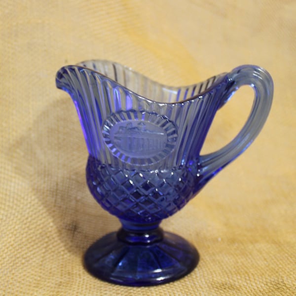 Blue Glass Footed Creamer / Small Pitcher  - Washington Mt. Vernon Creamer from Avon