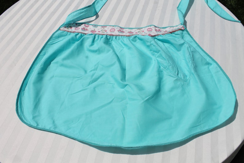 Vintage Turquoise Half Apron with Pink Strawberries and Jam Waistband and Heart Pocket