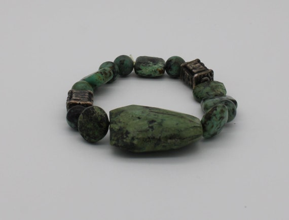 Green Stone Beaded Stretchy Bracelet - Green Marb… - image 8