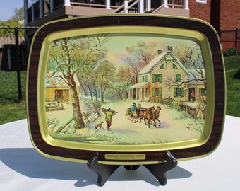 Currier and Ives Serving Tray Titled American Homestead Winter, Currier & Ives 1868