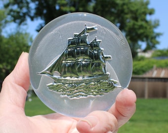 Clear Glass Paperweight - Round Frosted Glass Paperweight with Clear Etched Clipper Ship -  Schooner  - Sailing Boats - Maritime / Beach