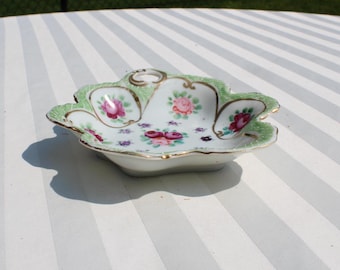 Small Porcelain Dish with Hand Painted Roses with Gold Trim -  Candy / Nut / Trinket  Dish